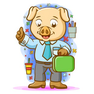 猪爸爸工作并使用蓝色领带衬衫