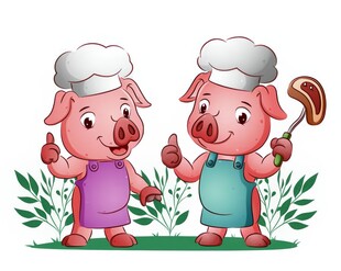 猪们竖起大拇指用叉子肉