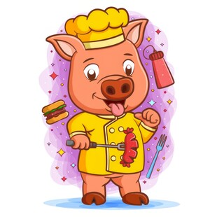 主厨猪笑着香肠围着汉堡