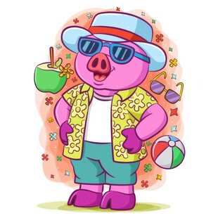 紫色男孩猪度假用帽子太阳镜