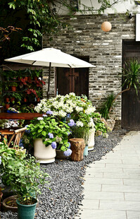 古镇绿植环绕的庭院休憩户外桌椅