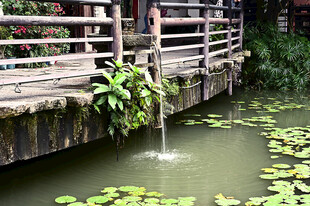 深圳甘坑古镇角落的石磨与流水