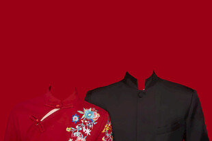 红色绣花传统结婚证件照