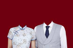 青色旗袍结婚证件照