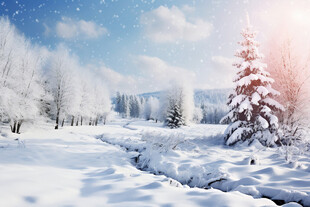 蓝天下的冰雪山林