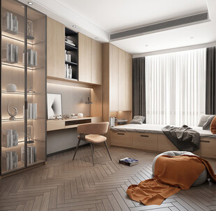 卧室小空间榻榻米书桌床现代装修