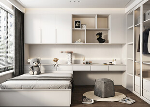 卧室小空间榻榻米书桌床现代装修
