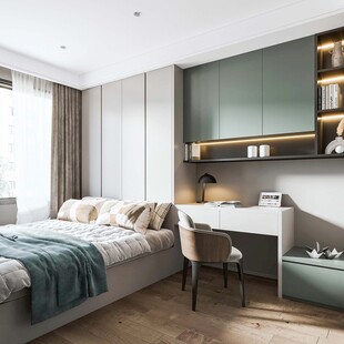 卧室小空间榻榻米书桌床现代装修