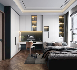 卧室小空间榻榻米书桌床现代装修