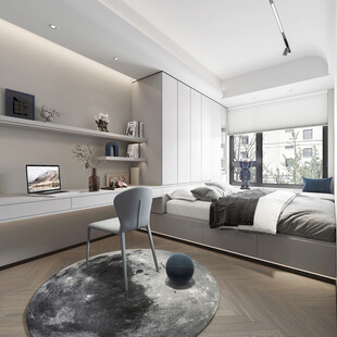 卧室小空间榻榻米书桌床现代装修