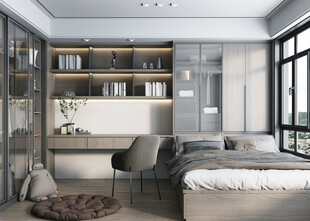 卧室小空间榻榻米书桌床现代装修