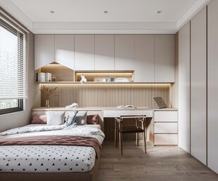 卧室小空间榻榻米书桌床现代装修