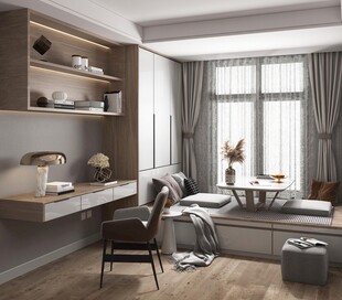 卧室小空间榻榻米书桌床现代装修