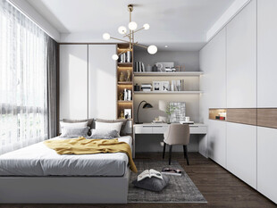 卧室小空间榻榻米书桌床现代装修