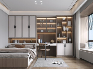 卧室小空间榻榻米书桌床现代装修