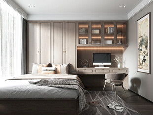 卧室小空间榻榻米书桌床现代装修