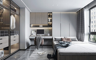 卧室小空间榻榻米书桌床现代装修