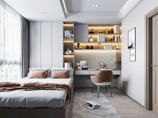卧室小空间榻榻米书桌床现代装修