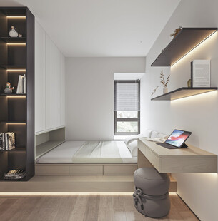 卧室小空间榻榻米书桌床现代装修
