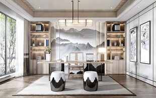 现代简约高级感新中式复古风书房