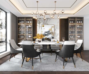 现代简约极简风格餐厅圆桌餐边柜