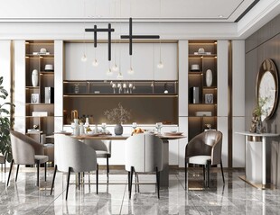 现代简约极简风格餐厅圆桌餐边柜