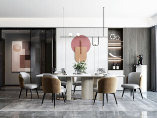 现代简约极简风格餐厅圆桌餐边柜