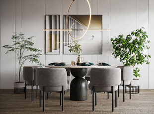 现代简约极简风格餐厅圆桌餐边柜