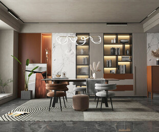 现代简约极简风格餐厅圆桌餐边柜