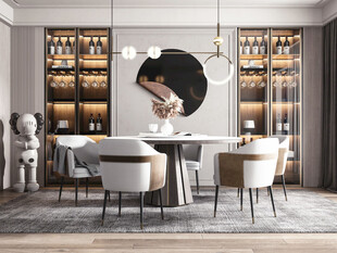 现代简约极简风格餐厅圆桌餐边柜