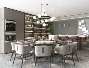 现代简约极简风格餐厅圆桌餐边柜