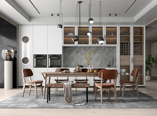 现代简约极简风格餐厅圆桌餐边柜