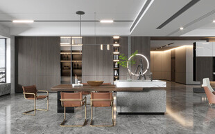 现代简约极简风格餐厅圆桌餐边柜