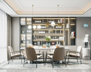 现代简约极简风格餐厅圆桌餐边柜