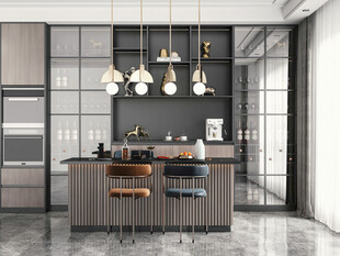 现代简约极简风格餐厅圆桌餐边柜