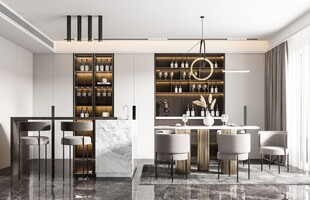 现代简约极简风格餐厅圆桌餐边柜