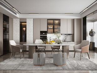 现代简约极简风格餐厅圆桌餐边柜