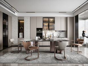 现代简约极简风格餐厅圆桌餐边柜