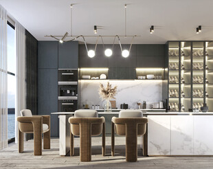 现代简约极简风格餐厅圆桌餐边柜