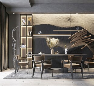 现代简约极简风格餐厅圆桌餐边柜