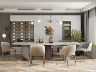 现代简约极简风格餐厅圆桌餐边柜