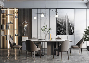 现代简约极简风格餐厅圆桌餐边柜