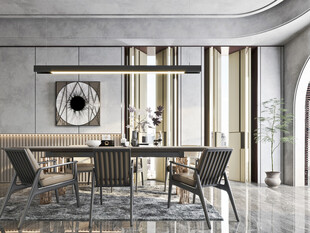 现代简约极简风格餐厅圆桌餐边柜