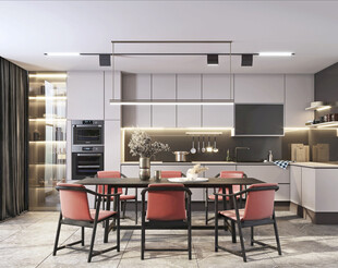 现代简约极简风格餐厅圆桌餐边柜