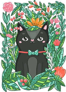 卡通花草猫印花设计