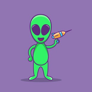 拿着注射器的绿色卡通外星人