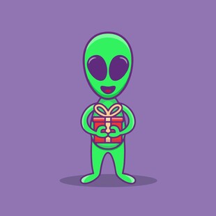 抱着礼物的绿色卡通外星人