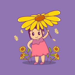 头上戴着大花手持小花的卡通女孩