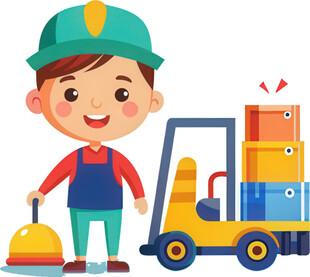 戴绿帽小孩持扫帚伴叉车免抠图