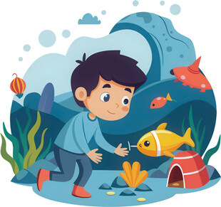 孩童扮潜水员海底探险免抠图